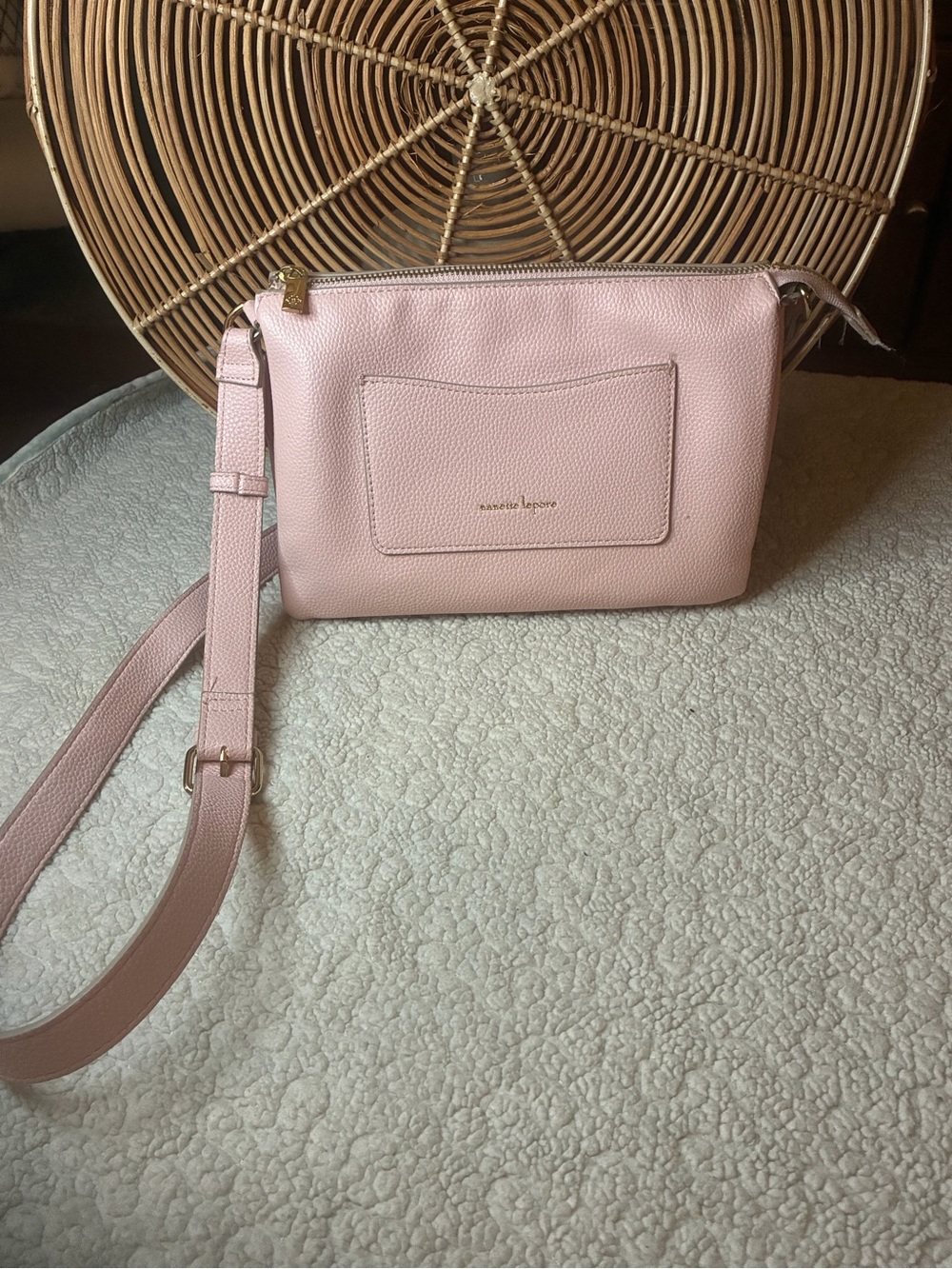 Nanette Lepore Pink Pebbled Crossbody Bag Gold Tone Double Zip Pocket